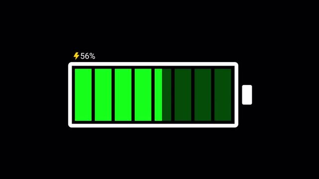 Mobile phone battery charging animation on transparent background, battery fast charging 4k animation, digital battery loading with alpha channel,  battery charge animation filling up from 0 to 100%
