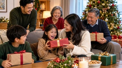 Fototapeta premium Happy Asian Family Celebrating Christmas with Gifts and Tree