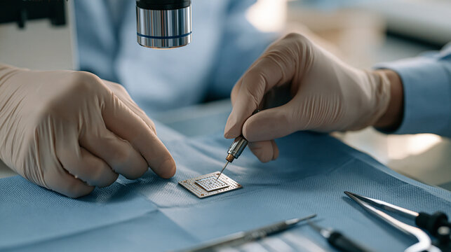 Miniature pressure sensor plate removed from a medical ventilator unit, resting on a sterile blue surgical cloth beside calibration instruments, with a gloved biomedical engineer