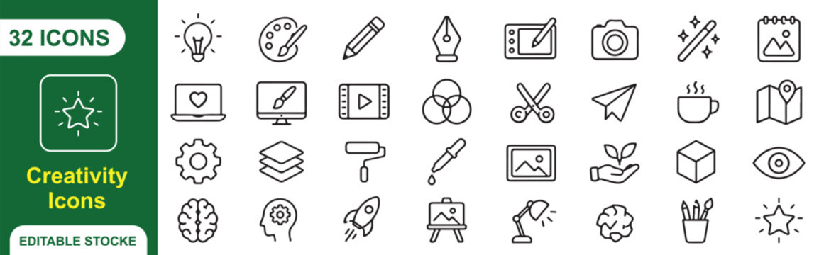 32 Creativity Vector Outline Icons Set &ndash; Design, Art, Innovation, Creative Process and Inspiration Line Symbols Collection