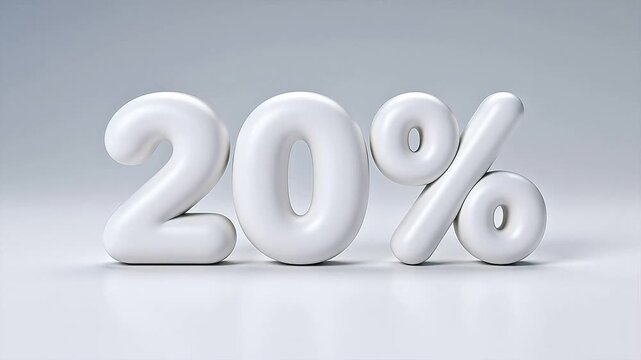 3D white percentage text 20 on pure white background
