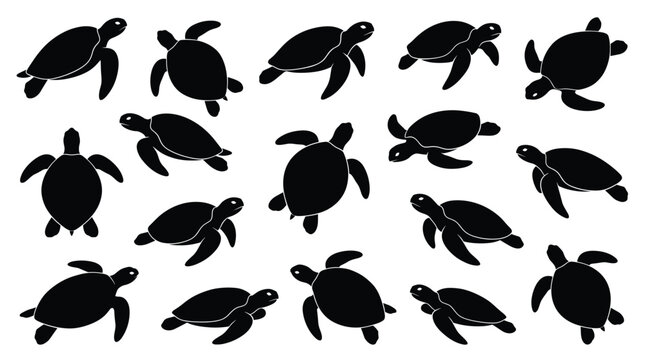 black sea turtle silhouettes arranged in repeating pattern on white background