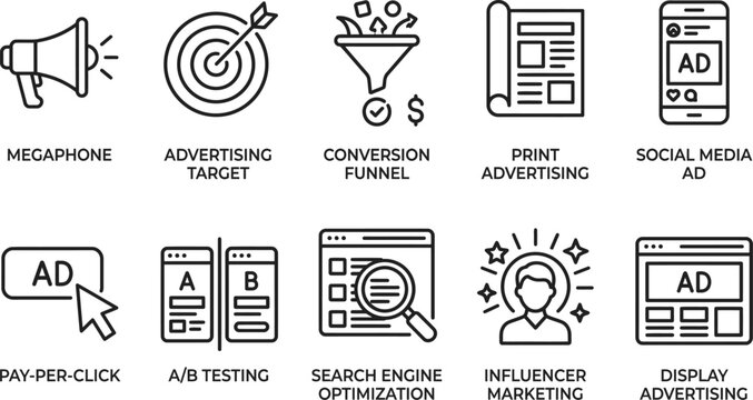 Set of marketing and advertising line icons including megaphone, target, funnel, pay per click and social media isolated on white