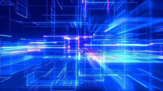 Blue luminous lines and geometric forms rush through a futuristic digital tunnel. Technology presentations, software advertising, and digital transformation campaigns.