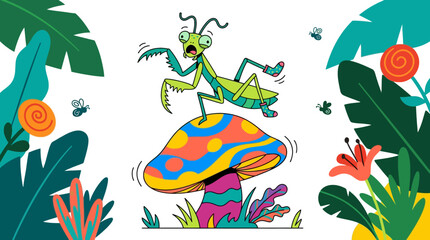 Obraz premium Cartoon Mantis Riding Colorful Psychedelic Mushroom.
