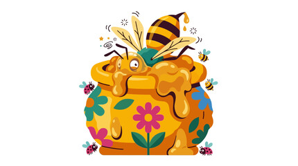 Naklejka premium Cartoon Honey Pot with Bee Illustration.