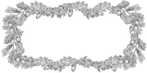 Hand drawn rectangular oak leaves and acorns frame in pencil sketch style with copy space. Ideal for wilderkind decor, autumn cards, wedding invites, organic packaging, farmhouse wall art. © Margarita