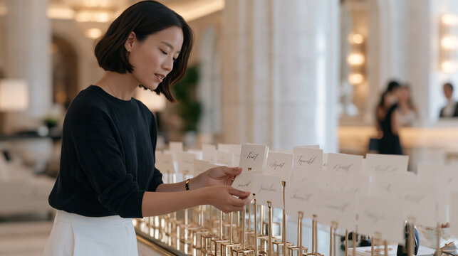 Detail-oriented nuptial stylist arranging escort card display on a mirror-topped table using gold geometric card holders, tweaking the alignment of each calligraphy card in a