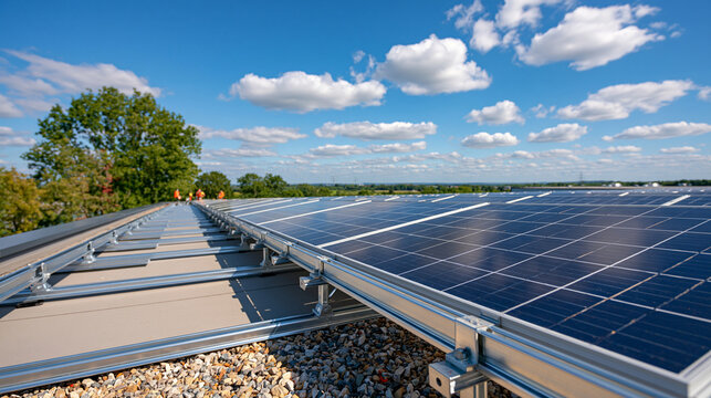 Modern warehouse building rooftop during mid installation of a solar panel system, rows of aluminum mounting rails and metal brackets neatly aligned across the flat roof awaiting photovoltaic panels
