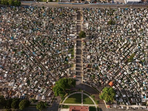 Aerial view of the dense rows of graves and symmetrical layout at the Maximo Gomez National Cemetery in Santo Domingo, Distrito Nacional, Dominican Republic.