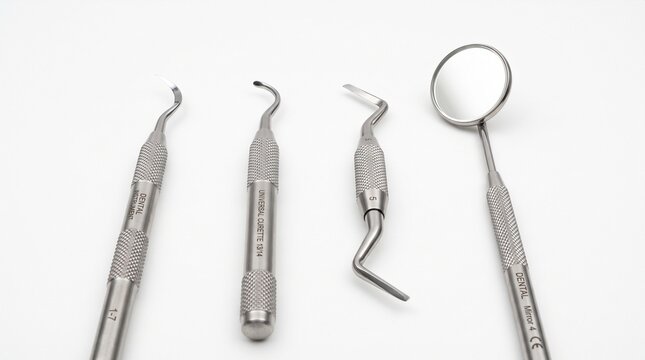 Professional stainless steel dental instruments set including mouth mirror, explorer, and curette on a clean white background for oral care and hygiene.
