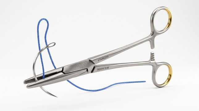 Professional surgical needle holder gripping a curved needle with blue suture thread, stainless steel medical instrument for surgery isolated on a white background.