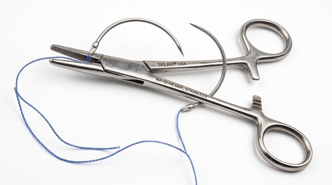 Mayo-Hegar Stainless Steel Needle Holder with Curved Surgical Needles and Blue Suture Thread on a Sterile White Background - Medical and Healthcare Concept