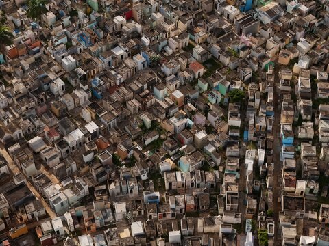 Aerial view of Maximo Gomez National Cemetery featuring rows of historic mausoleums and tombs in Santo Domingo, Distrito Nacional, Dominican Republic.