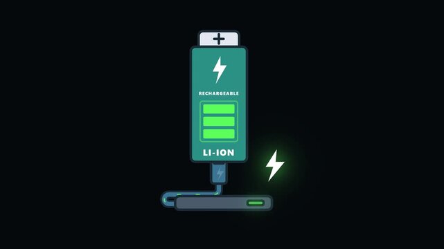 Motion graphic animation of a rechargeable lithium-ion battery charging with a power cable
