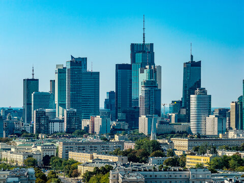 Panoramic aerial view of Srodmiescie downtown district with city center modernistic skyscrapers of Warsaw in Poland