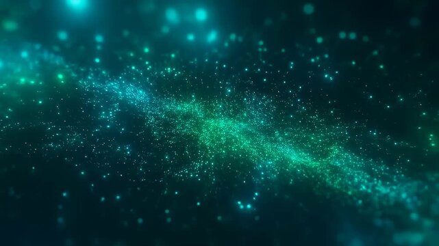 Teal glowing particles flow as a wave through a dark abstract digital field. Technology presentations, science documentaries, and digital title sequences.
