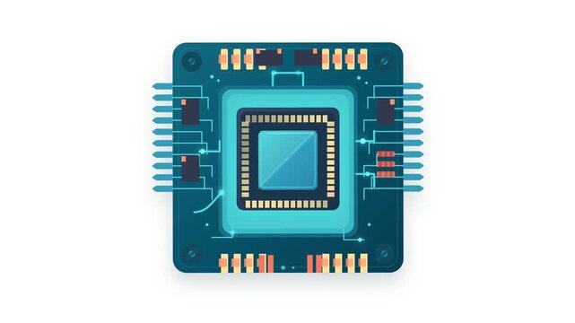 Digital microprocessor chip with glowing circuit board lines and data processing animation