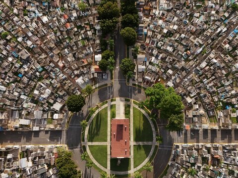 Aerial view of Maximo Gomez National Cemetery featuring its circular layout and dense rows of tombs surrounded by trees in Santo Domingo, Distrito Nacional, Dominican Republic.