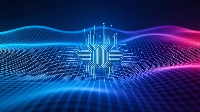 Electronic circuit board with glowing dots over gradient wave grid background