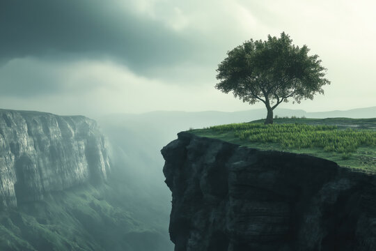 landscape with lone tree on a grassy cliff above towering misty sea cliffs, photorealistic