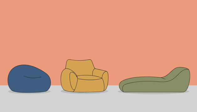 Three modern living room chairs including a blue beanbag, yellow armchair, and a green chaise lounge shown in a row.