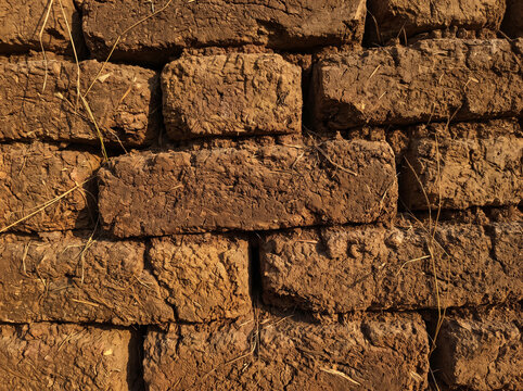 Rustic mud brick wall texture close up background with traditional clay construction and straw reinforcement