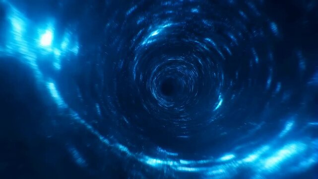 Blue luminous rings rotate inward through an abstract digital vortex tunnel. Technology presentations, science media, and digital transitions.