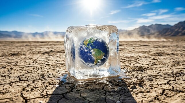 The concept of frozen soil crack climate change is visualized as a melting ice cube containing our planet sitting on a dry, cracked desert landscape under a bright sun