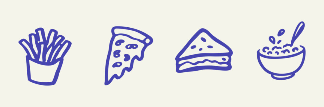 Fast Food And Snack Hand Drawn Doodle Icon Set. French Fries, Pizza Slice, Sandwich And Bowl Snack Sketch Symbol Collection. Restaurant Menu And Takeaway Food. Isolated Vector Illustration