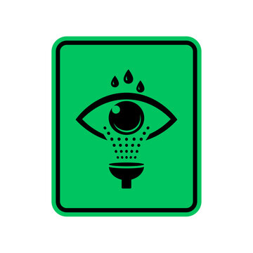 Eye wash station safety sign with eye cleaning symbols. Emergency eyewash and eye rinse signage for first aid, chemical exposure and industrial safety
