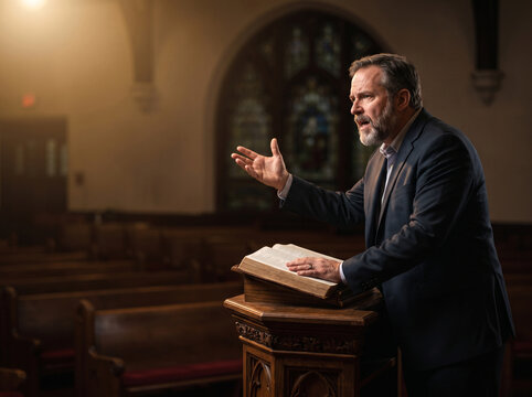 Middle-aged Caucasian pastor preaching from a wooden pulpit in a traditional church sanctuary