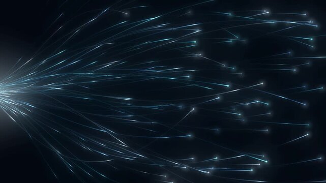 Fiber optic cable bundle splaying with glowing light pulses and lit fiber tips, telecom network background, seamless loop in cool cyan tones