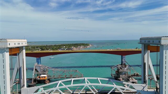 Aerial View of Pamban Bridge and Railway Bridge in Rameswaram Tamil Nadu India