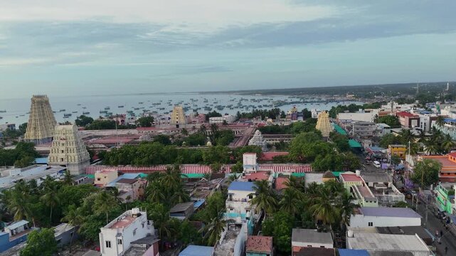 Aerial View of Ramanathaswamy Temple and Rameswaram Coast Tamil Nadu India