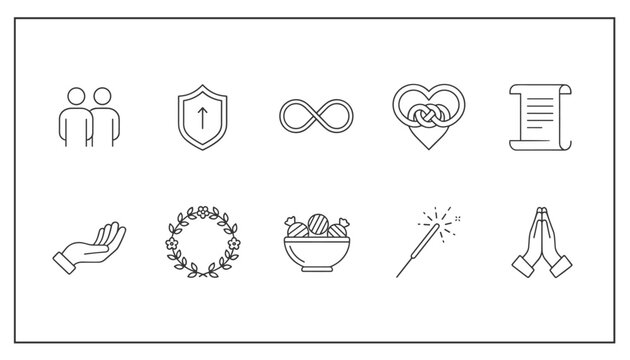 Ten simple line drawn icons showing family protection infinity love scroll wreath candies sparkler and prayer.