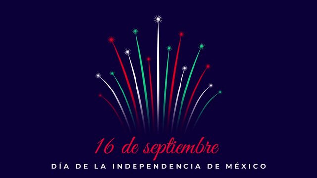 September 16 mexico independence day. Mexican colorful fireworks flag on abstract night sky. National holiday. Banner, 2D animation, seamless loop. Translation September 16th, Mexican Independence Day