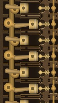 Slow Pan Down an Endless Engine Cutaway With Pistons, Connecting Rods and a Turning Crankshaft, Seamless Loop in rich brass tones vertical 9:16