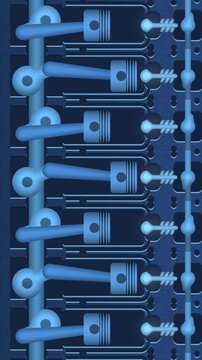 Slow Pan Down an Endless Engine Cutaway With Pistons, Connecting Rods and a Turning Crankshaft, Seamless Loop in cool blueprint tones vertical 9:16