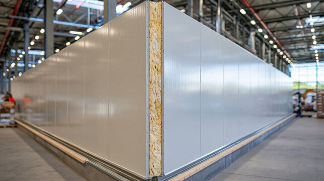 Close up of a construction seam between white insulated sandwich panels inside a spacious cold storage warehouse, multiple insulation layers visible beneath the smooth exterior coating, bright ceili