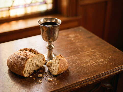 Holy Communion chalice of wine and broken bread on a wooden table, representing the Last Supper and Christian faith