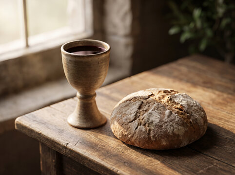 A ceramic chalice of red wine and a rustic loaf of bread on a wooden table near a window, symbolizing Holy Communion or the Last Supper.