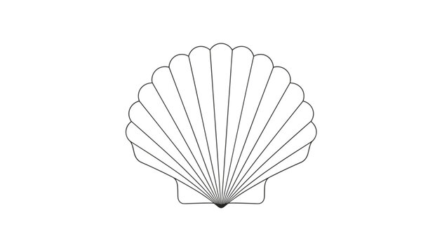 Elegant thin line art vector illustration of a symmetric scallop sea shell isolated on a white background.