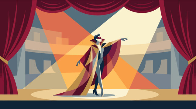 Dramatic opera singer performing on stage under spotlights, theatrical red curtain vector background, classical music theater performance artwork