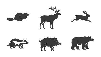Obraz premium Silhouettes of six wild forest animals including a beaver, deer, running rabbit, badger, wild boar, and a bear.