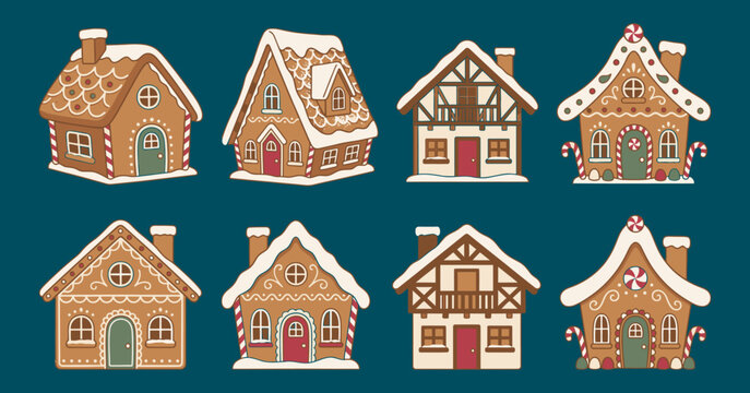 Set of cute hand drawn gingerbread houses with snow on a dark blue background for christmas