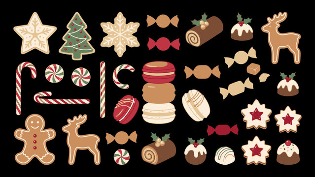 Collection of various delicious christmas cookies and festive holiday candies isolated on a black background