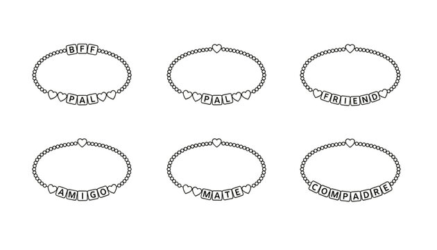 Six hand drawn outline friendship bracelets with alphabet beads showing terms of endearment like bff, pal, and amigo.