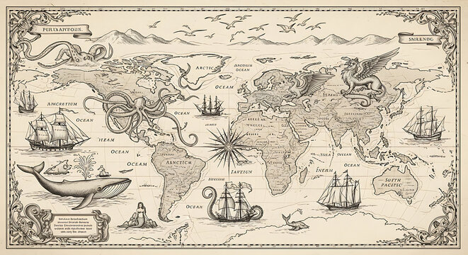 Vintage style world map featuring mythical sea creatures and antique sailing ships in monochrome