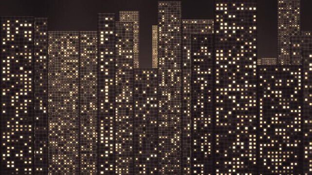 Reverse Pan Across Glowing Tower Windows At Night, Counter Panning Parallax City Layers, Seamless Loop in rich amber tones